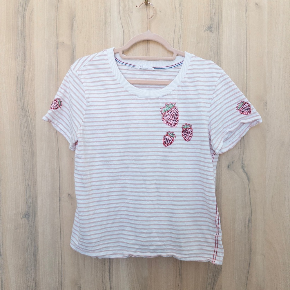 Jane + Delancey Womens Strawberry Striped T-Shirt M White Pink Beaded Summer